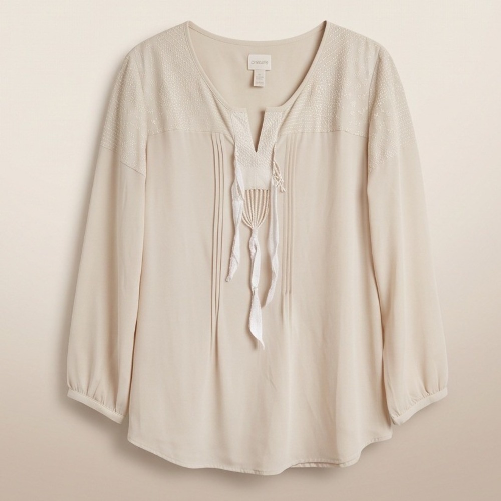 Chico's 4 Fringe Accent Peasant Zoe Top LS Fashion Woven Putty Beige 1X NWT